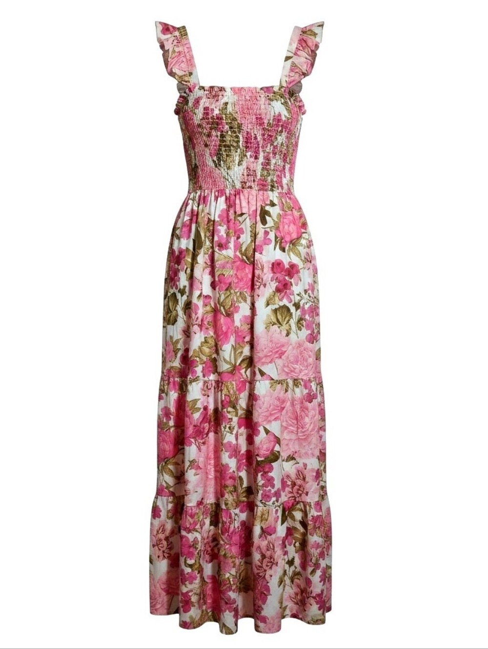 Joie Pink Floral Smocked Cottagecore Maxi Dress with Ruffle Straps Size Small